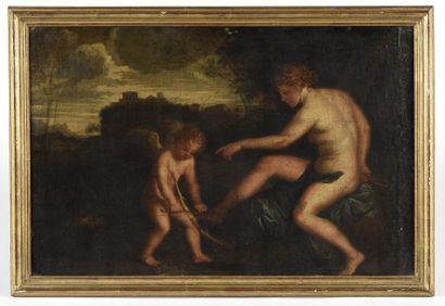 Ecole italienne du XVIIe siècle Vénus et Cupidon. Toile marouflée sur carton (légèrement...
