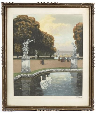 Gustave Eugène FRANÇOIS (1862 - ?) Bassin au parc de Saint-Cloud. Gravure en couleurs...