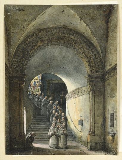 Charles Marie BOUTON (Paris, 1781 - Paris, 1853) Procession de moines sous une voûte...