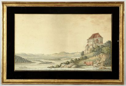 Nicolas GACHET (1736 - 1817) Vues du canton de Berne en Suisse. Deux dessins à l'aquarelle...