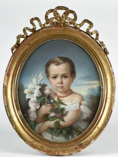 Zoé Laure de CHATILLON (Chambray-sur-Eure, 1826 - Suisse, 1908) Jeune enfant au bouquet....