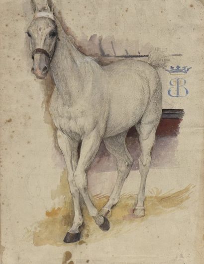 Lionel ROYER (Château-du-Loir, 1852 - Neuilly-sur-Seine, 1926) Cheval dans son box....