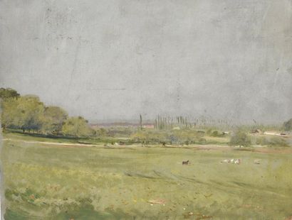 Lionel ROYER (Château-du-Loir, 1852 - Neuilly-sur-Seine, 1926) Paysage à la prairie....