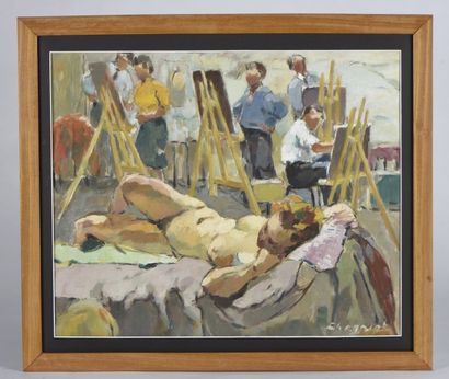 null Alfred Jean CHAGNIOT (Paris, 1905 - Paris, 1991). L'atelier de peinture. Huile...