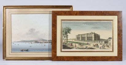 null Ecole Napolitaine du XIXe siècle. Vue de la baie de Naples. Gouache (pliures)....