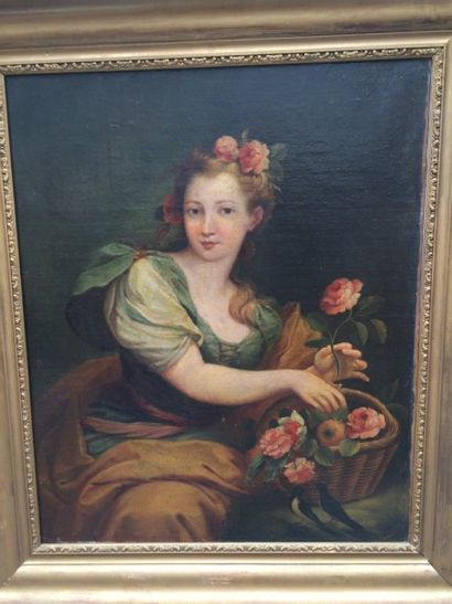 null Ecole Française du XIXe siècle. Portrait de femme à la corbeille de fleurs et...