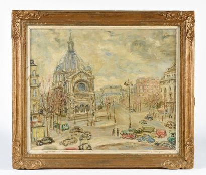 null Marie TEYSSIER (XXe siècle). La place Saint Augustin, Paris. Huile sur toile...