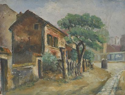 null Raymond BESSE (1899-1969). Rue à l'arbre. Huile sur carton entoilé signée en...