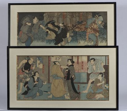 null Toyokuni III (1786-1865): Deux triptyques représentant des acteurs de kabuki...