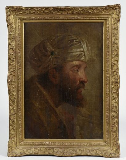 null Ecole du XIXe siècle. "Tête de Rabin" d'après Rubens. Huile sur toile, marouflée...