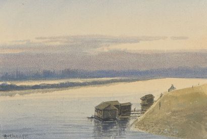 null Jean Henri CHOUPPE (1817-1894). Maisons au bord de l'eau. Aquarelle signée en...