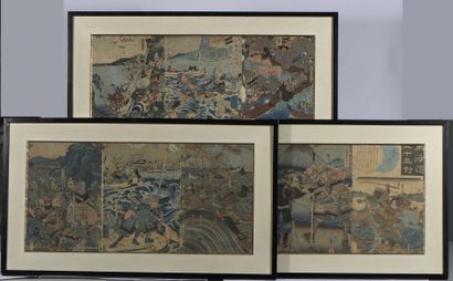null Ensemble de trois triptyque dépareillés par Yoshiiku (1833-1904)et Kuniyoshi...