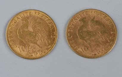 Deux PIÈCES de 10 francs en or 1908 et 1...