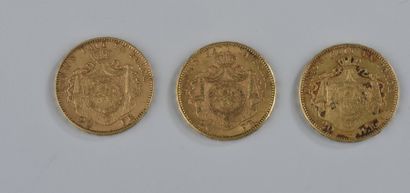 Trois PIÈCES de 20 francs belges en or 1876...