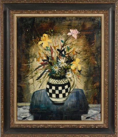 Bernard LIGNON (né en 1928) 
Bouquet de fleurs dans une cruche à damier.
Huile sur...
