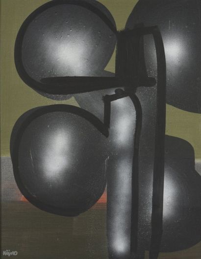 Ladislas KIJNO (1921 - 2012) 
Composition aux trois sphères.
Acrylique sur toile...