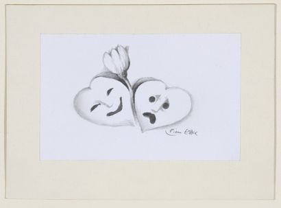 Pierre ÉTAIX (né en 1928) 
Masques coeur.
Dessin au crayon signé en bas à droite.
Haut.:...