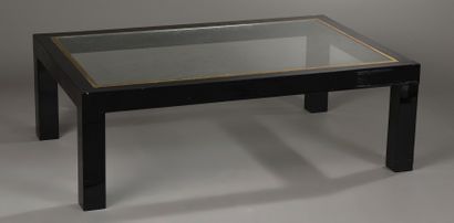 null Table basse rectangulaire en bois laqué noir à quatre pieds droits et un plateau...