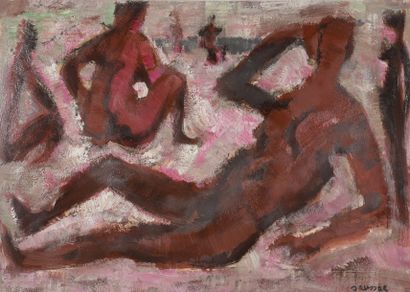 Jean SAUSSAC (1922 - 2005) 
Femmes nues, assises ou allongées.
Huile sur papier signée...