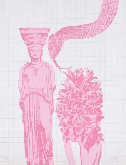Serge POUJON (Né en 1944) 
Cariatide et serpent roses sur fond quadrillé.
Lithographie...