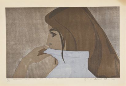 Albert CHAVAZ (1907 - 1990) 
Femme au col roulé bleu.
Linogravure numérotée 45/80...