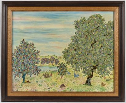 Michel LOEB (né en 1930) 
Paysage au grand arbre et aux chevaux bleus animé de personnages.
Huile...