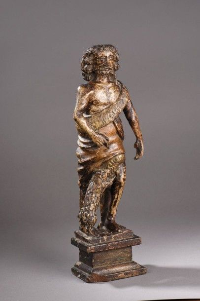 null Statuette en bois sculpté laqué partiellement doré figurant saint Roc et son...