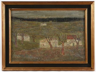 Jean SAUSSAC (1922 - 2005) 
Paysage aux maisons.
Huile sur toile signée en bas à...