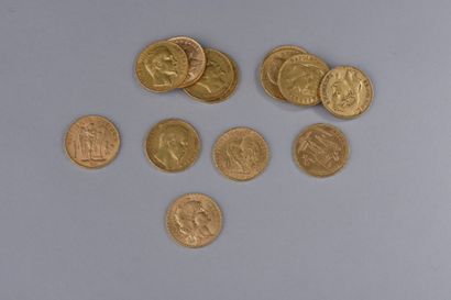 null Treize pièces en or de 20 francs français 1852 à 1910