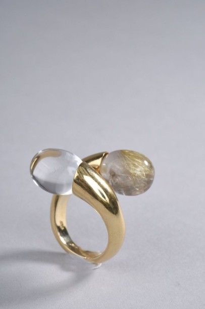 null BAGUE «Toi et Moi» en or jaune 18K orné d'une perle de quartz rutilé et d'une...
