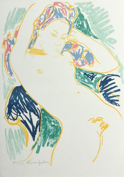 Alain BONNEFOIT (né en 1937) 
Femme nue allongée.
Lithographie en couleurs signée,...