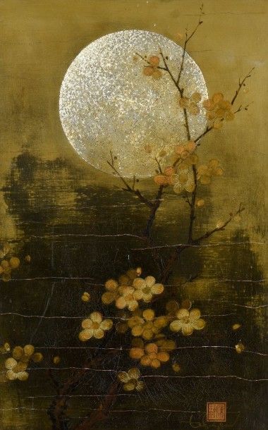 TRAN PHUC DUYEN (1923 - 1993) 
Branche de cerisier en fleurs au clair de lune.
Panneau...