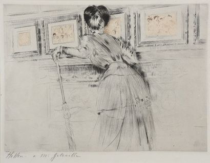 Paul-César HELLEU (1859 - 1927) 
Les Watteau au Louvre.
Pointe sèche en couleurs...