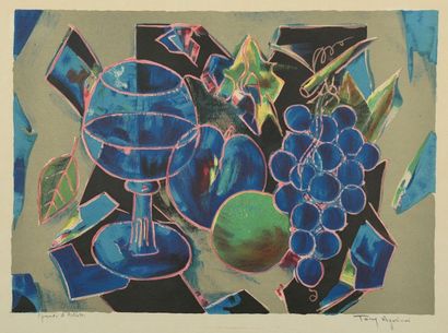 Toni AGOSTINI (1916 - 1990) 
Nature morte au verre à pied et raisins bleus.
Lithographie...