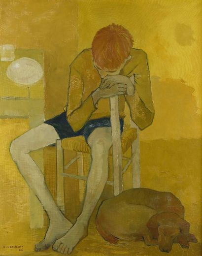 Roger LANDAULT (1919-1983) Enfant assis au chien.
Huile sur toile signée et datée...
