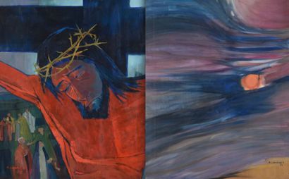 Roger LANDAULT (1919-1983) «Le Christ», «Orage sur la Drôme».
Deux huiles sur toile...