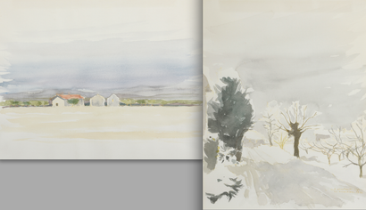 Roger LANDAULT (1919-1983) «Les merisiers» et Maisons sur la côte.
Deux aquarelles,...