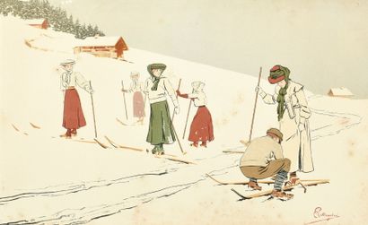 Carlo PELLEGRINI (1866 - 1937) 
Le ski.
Lithographie en couleurs signée en bas à...