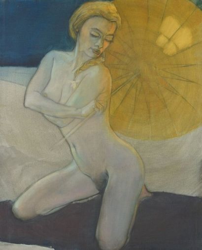 Roger LANDAULT (1919-1983) Le parasol jaune.
Huile sur toile.
Haut.: 100 cm - Larg.:...