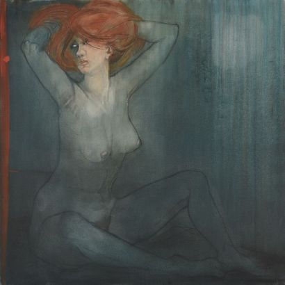 Roger LANDAULT (1919-1983) Femme rousse nue assise sur fond bleu-nuit.
Huile sur...