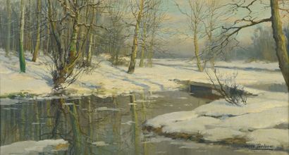 Kees TERLOUW (1890 - 1948) 
«Le cours d'eau enneigé».
Huile sur toile signée en bas...