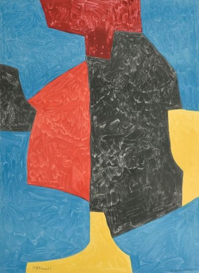 SERGE POLIAKOFF (1900 - 1969) 
Composition abstraite en rouge, jaune, noir et bleu.
Lithographie...