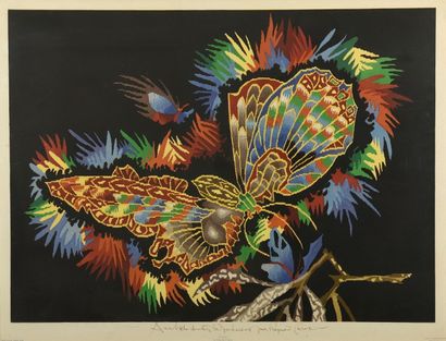 D'après Jean LURÇAT (1892 - 1966) 
«Le papillon chinois».
Affiche dédicacée.
Haut.:...