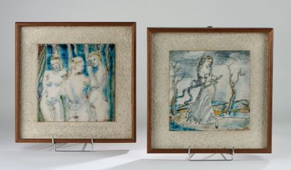 M. MORELLI (XXe siècle) 
Les trois grâces, Femme dansant dans un paysage.
Deux carreaux...
