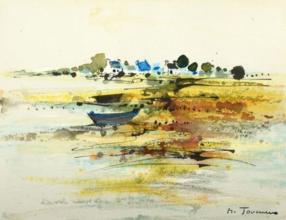 * Michel JOUENNE (né en 1933) 
«Paysage de bord de mer en Bretagne».
Lithographie...