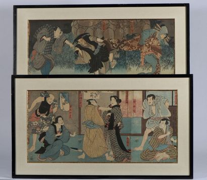 null Toyokuni III (1786-1865): Deux triptyques représentant des acteurs de kabuki...
