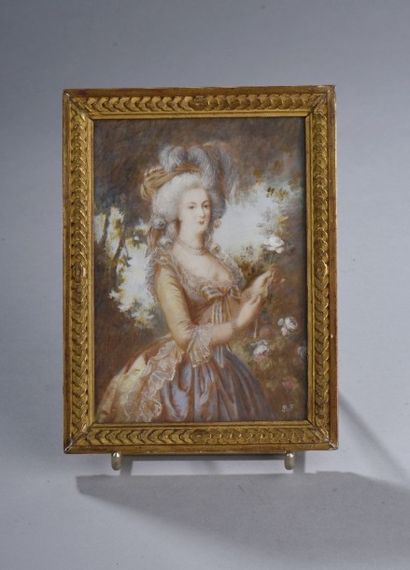 null Grande miniature. Portrait de Marie-Antoinette d'après Vigée-Lebrun. Vers 1900....
