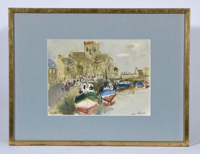 null Robert DELVAL. Le port à Barfleur. Aquarelle signée en bas à droite et située...