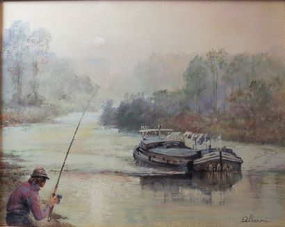 null ALBERONI (né en 1931). Pêcheur et péniche sur la rivière. Haut. : 41,5 cm -...