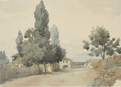 null Ambroise BAUDRY (1838 - 1906). Route de terre menant aux maisons blanches. Aquarelle...